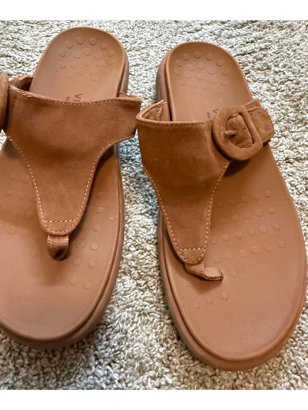 Vionic Chestnut Brown Suede Toe-Post Sandals with Buckle